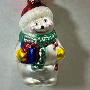 VTG Snowman Hand Blown Glass Glitter Christmas Tree Ornament 2"x3.25"